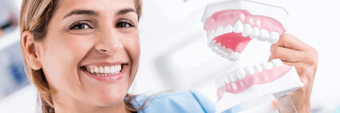 smiling woman holding dental model in Royal Palm Beach
